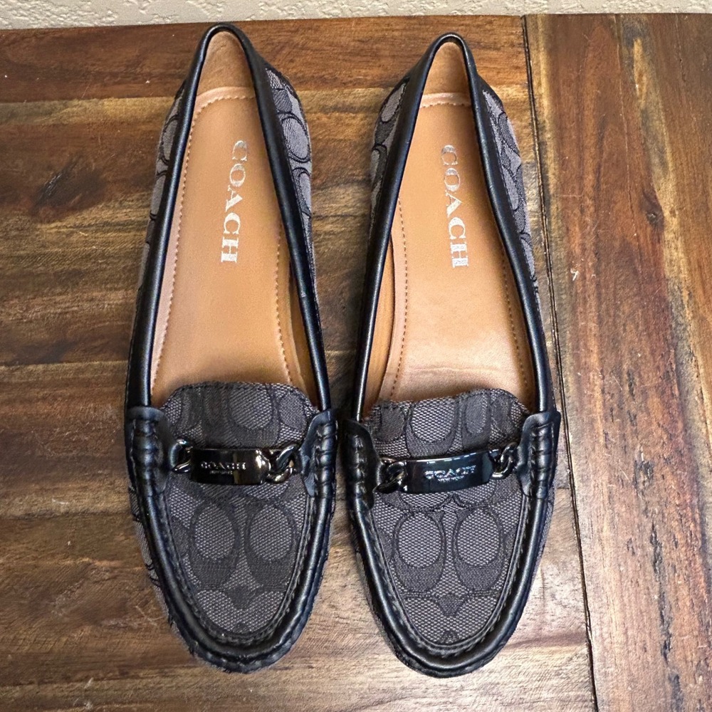 Coach Olive Signature Loafers Women 6.5B Black Canvas Driving Flats - Picture 2 of 13
